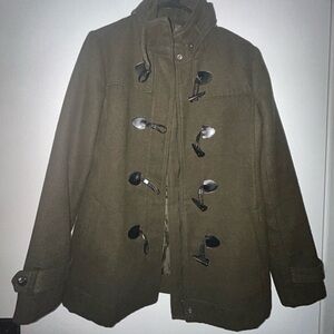 BCBGeneration Green Pea Coat with High Collar and Boxy Silhouette